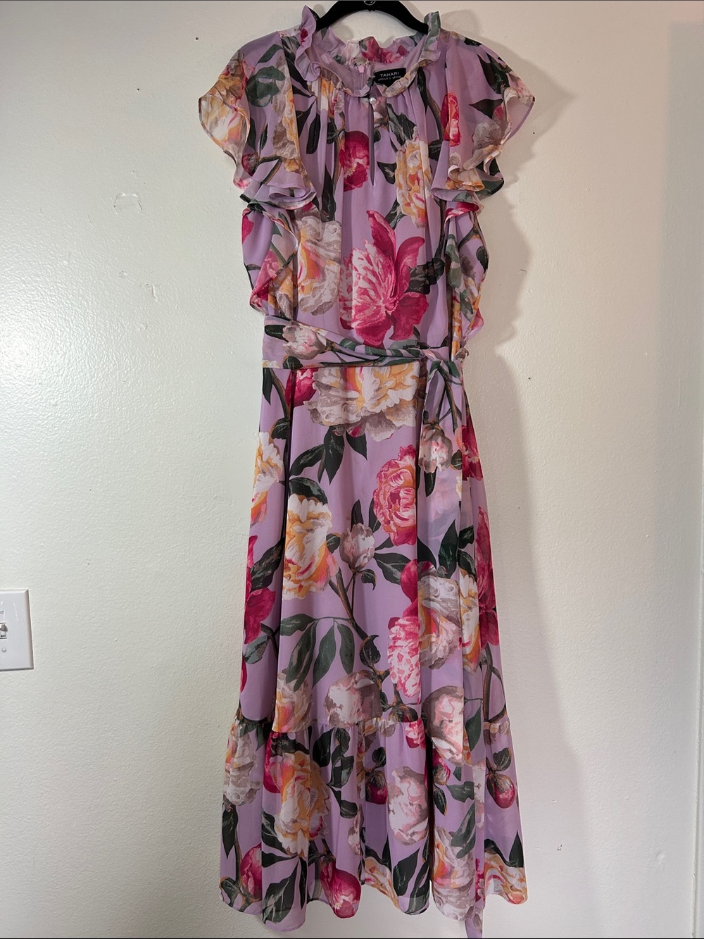 Tahari Lavender Floral Ruffled Midi Dress